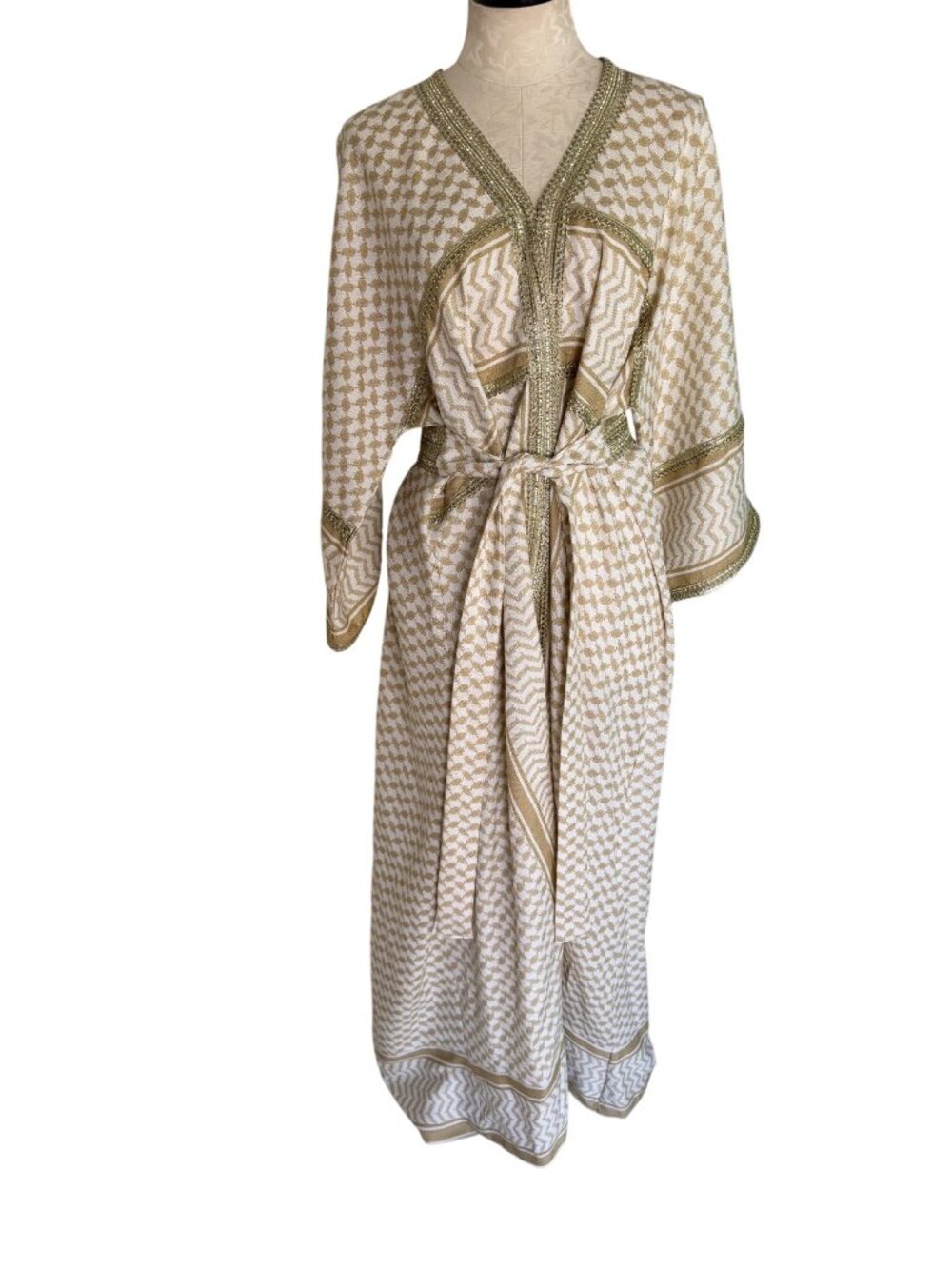 Giro Fashion Womens Maxi Robe Caftan Self-wrap Style Gold Trim OS Tan Vintage